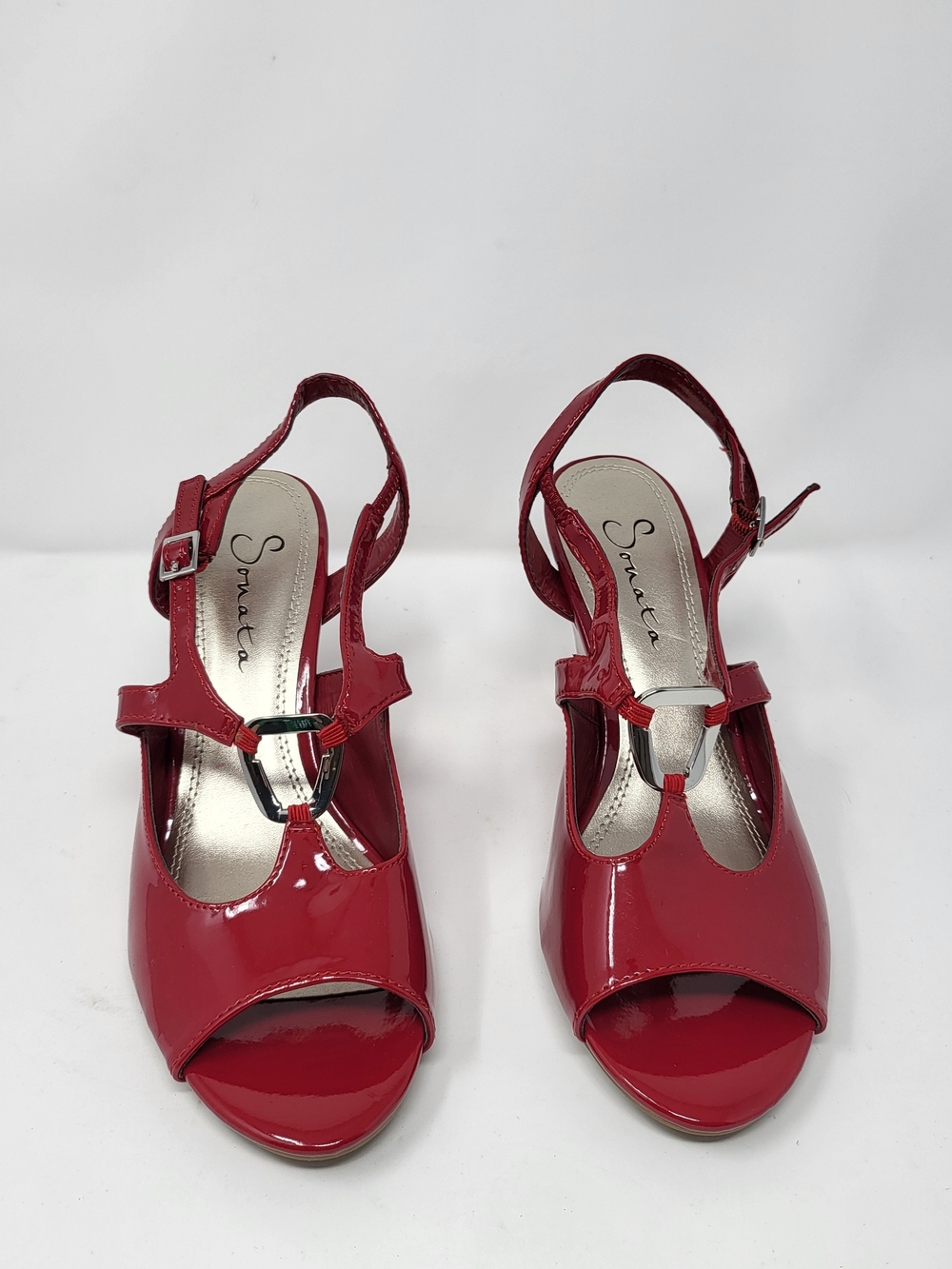 Sonata Red Patent Peep-Toe Slingback Heels